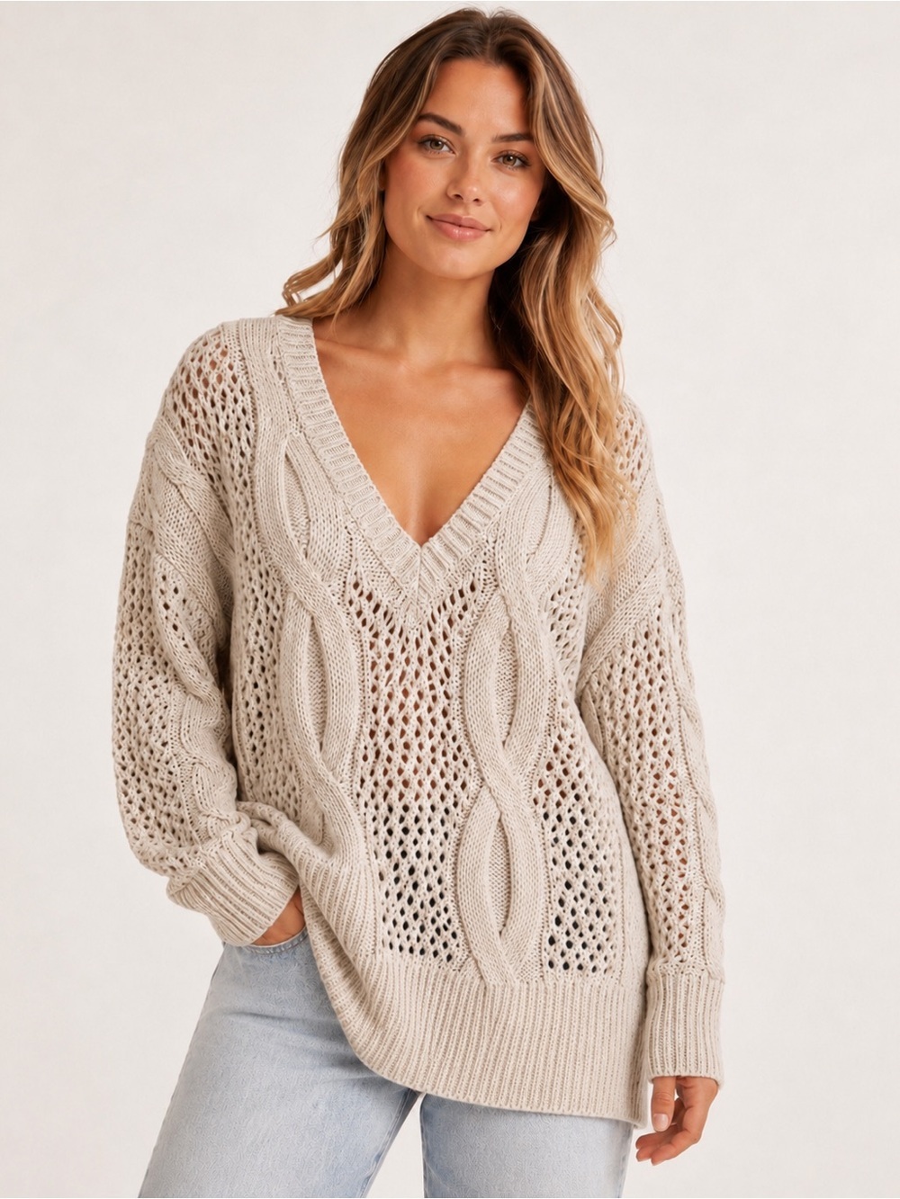 Kimchi Blue V-Neck Open Knit Sweater Size Small Oversized Cream
